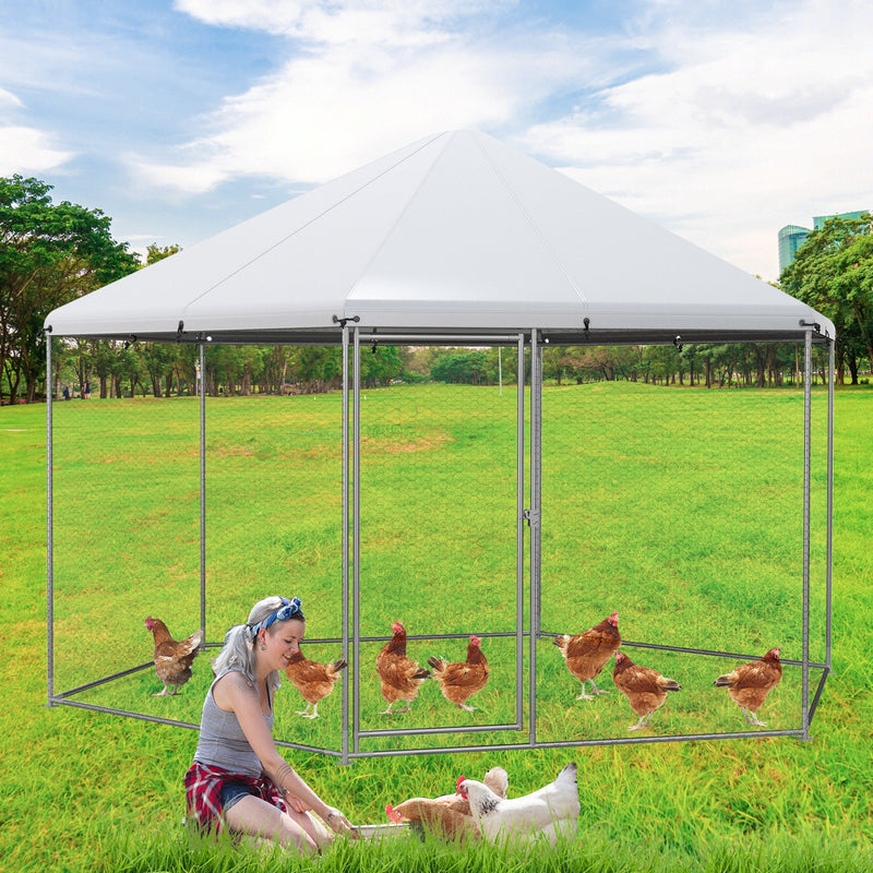 13FT Large Metal Hexagonal Chicken Coop with Wire Mesh and Lockable Door