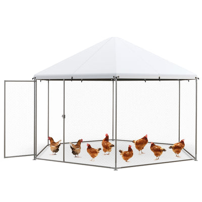 13FT Large Metal Hexagonal Chicken Coop with Wire Mesh and Lockable Door