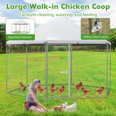 13FT Large Metal Hexagonal Chicken Coop with Wire Mesh and Lockable Door