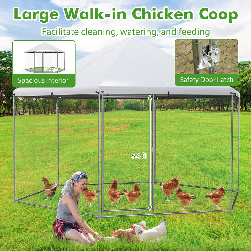 13FT Large Metal Hexagonal Chicken Coop with Wire Mesh and Lockable Door