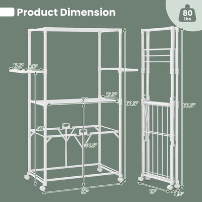 68.5 Inches Foldable Aluminum Laundry Rack with Hanging Rods and Drying Shelves-White