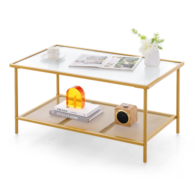 2-Tier Coffee Table with Shelf Center Tea Table with Tempered Glass Top-Golden