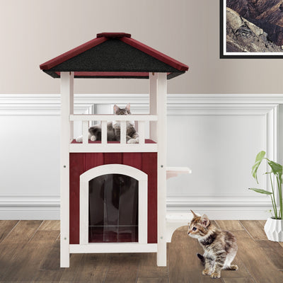 2-Story Wooden Cat House with Asphalt Roof Balcony and Rain Curtain-Red & White