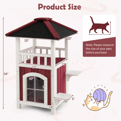 2-Story Wooden Cat House with Asphalt Roof Balcony and Rain Curtain-Red & White