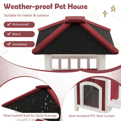 2-Story Wooden Cat House with Asphalt Roof Balcony and Rain Curtain-Red & White