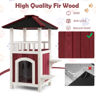 2-Story Wooden Cat House with Asphalt Roof Balcony and Rain Curtain-Red & White