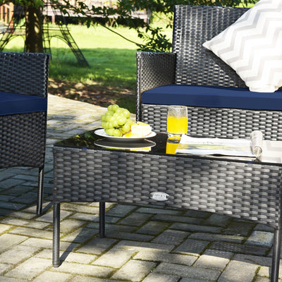 4 Pieces Patio Rattan Cushioned Sofa Set with Tempered Glass Coffee Table-Navy