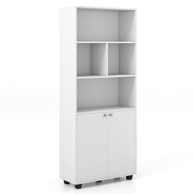 66 Inch Tall Double-Door Bookcase with Adjustable Shelf and Storage Cubes-White