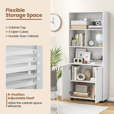 66 Inch Tall Double-Door Bookcase with Adjustable Shelf and Storage Cubes-White