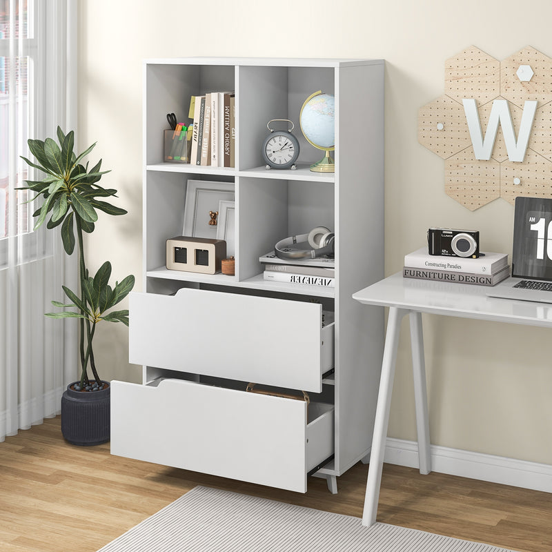 4-Tier Open Bookcase with 2 Drawers and 4 Storage Cubes-White