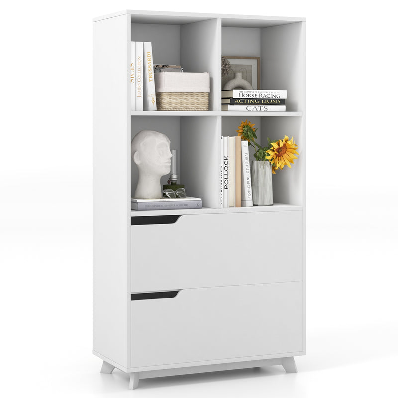 4-Tier Open Bookcase with 2 Drawers and 4 Storage Cubes-White