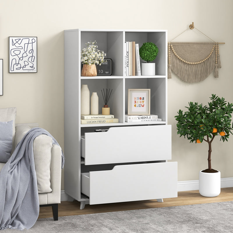 4-Tier Open Bookcase with 2 Drawers and 4 Storage Cubes-White