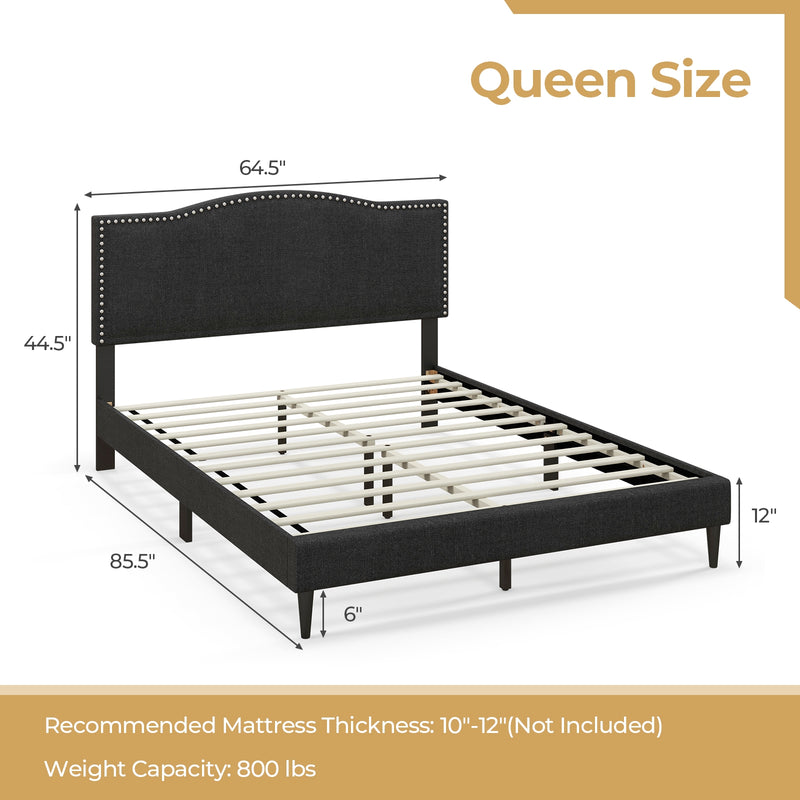 Queen Size Upholstered Bed Frame with Nailhead Trim Headboard-Queen Size