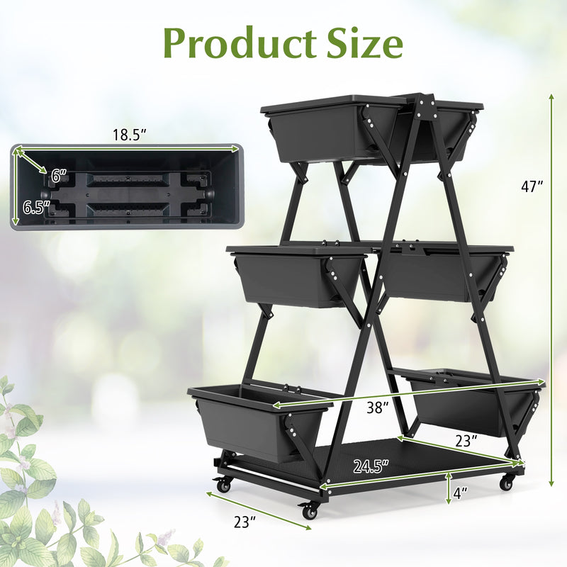 3-Tier Vertical Raised Garden Bed with 4 Wheels and 6 Container Boxes-Black