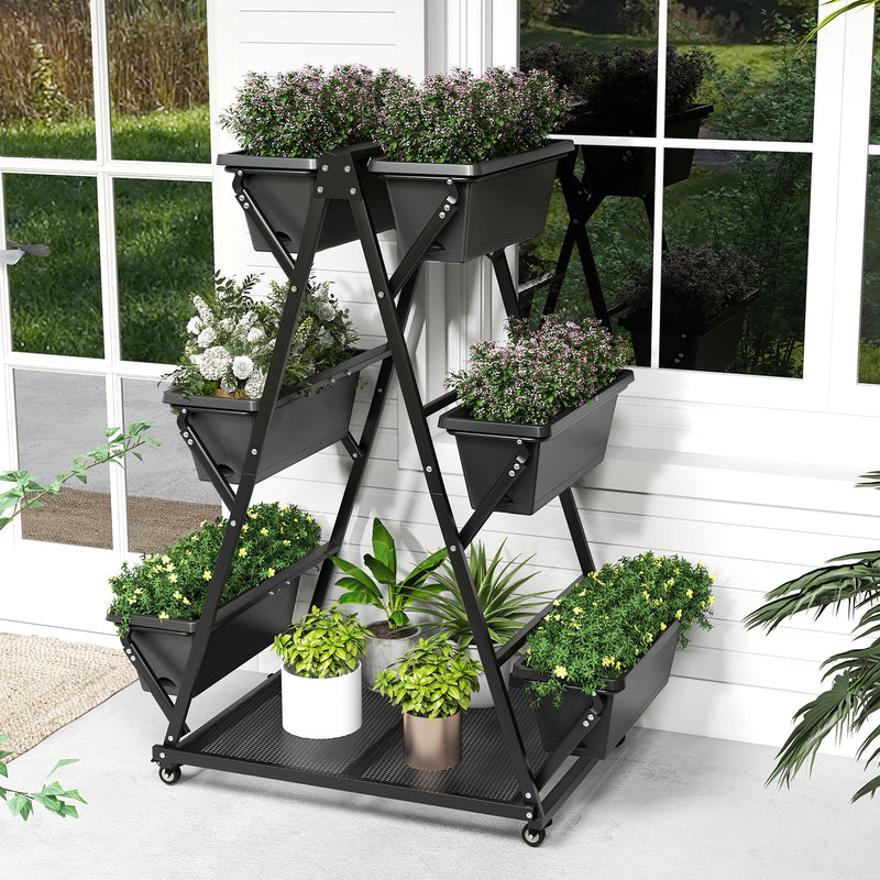 3-Tier Vertical Raised Garden Bed with 4 Wheels and 6 Container Boxes-Black