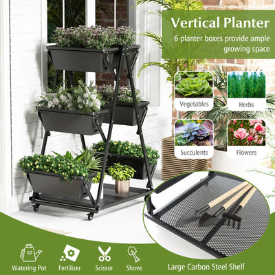 3-Tier Vertical Raised Garden Bed with 4 Wheels and 6 Container Boxes-Black