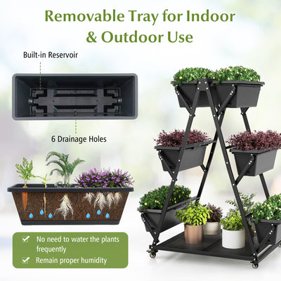 3-Tier Vertical Raised Garden Bed with 4 Wheels and 6 Container Boxes-Black