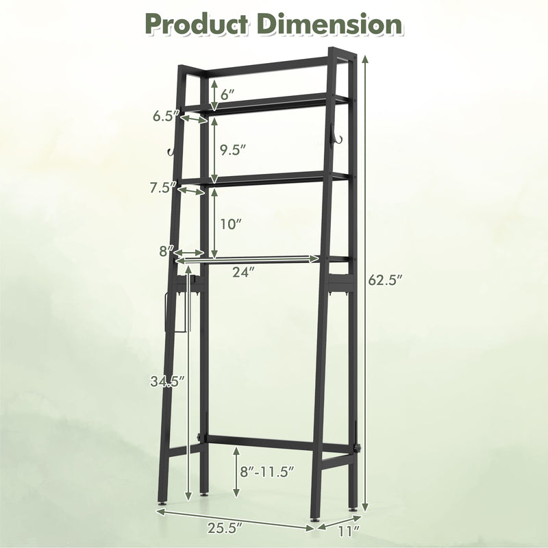 3-Tier Freestanding Over The Toilet Storage Shelf with Adjustable Bottom Bar-Black