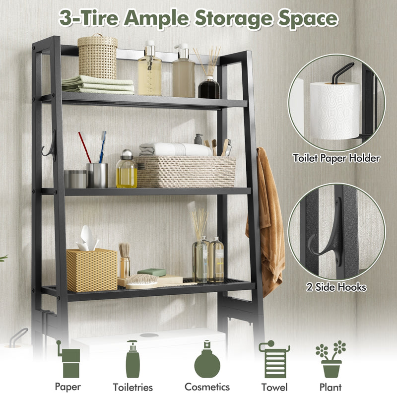 3-Tier Freestanding Over The Toilet Storage Shelf with Adjustable Bottom Bar-Black