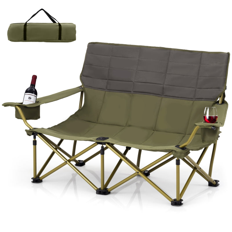 Oversized Camping Chair Folding Loveseat Camping Couch with Cup Holders & Thick Padding-Green