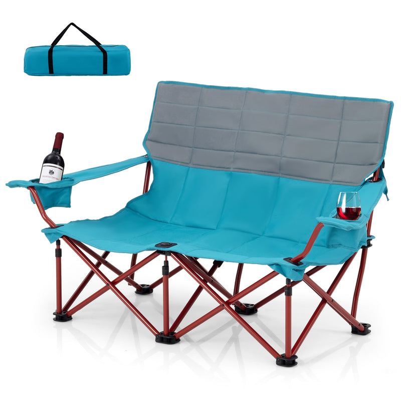 Oversized Camping Chair Folding Loveseat Camping Couch with Cup Holders & Thick Padding-Blue