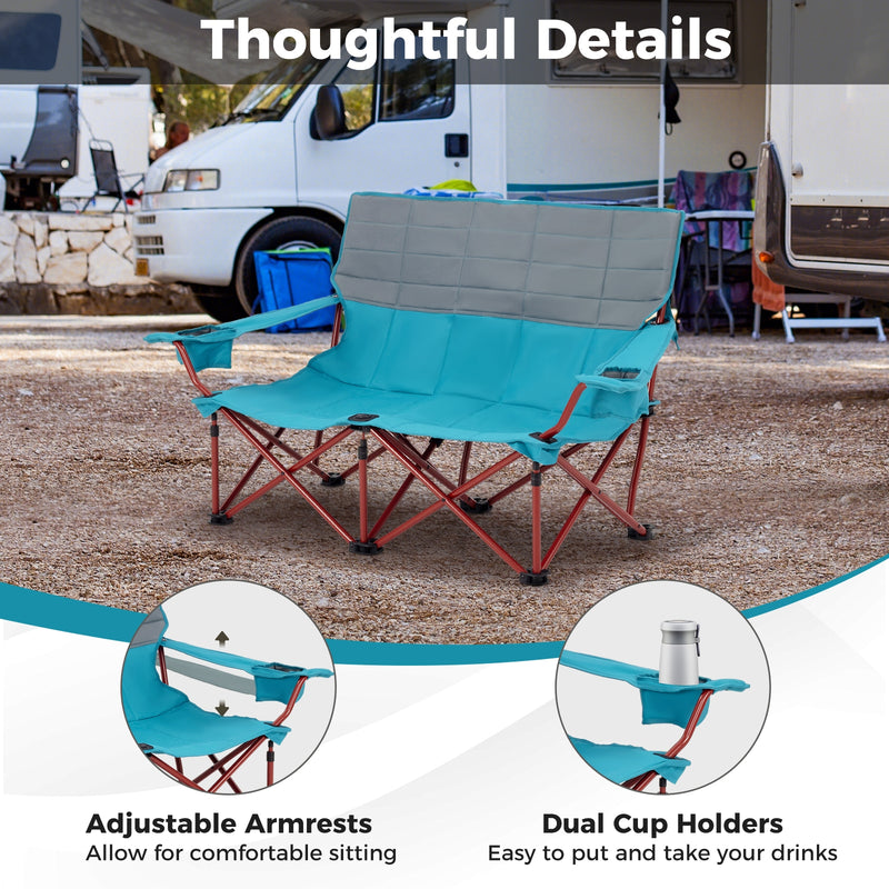 Oversized Camping Chair Folding Loveseat Camping Couch with Cup Holders & Thick Padding-Blue