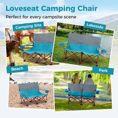 Oversized Camping Chair Folding Loveseat Camping Couch with Cup Holders & Thick Padding-Blue