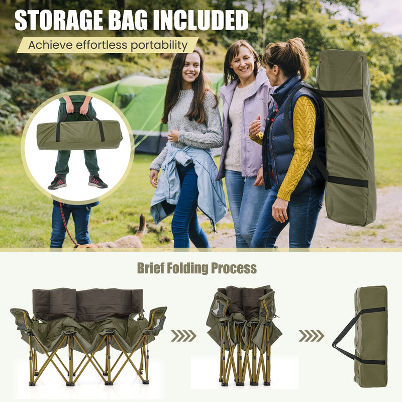 3 Person Folding Camping Chair with 2 Cup Holders Cotton Padding & Storage Bag-Green