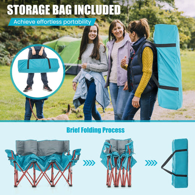 3 Person Folding Camping Chair with 2 Cup Holders Cotton Padding & Storage Bag-Blue