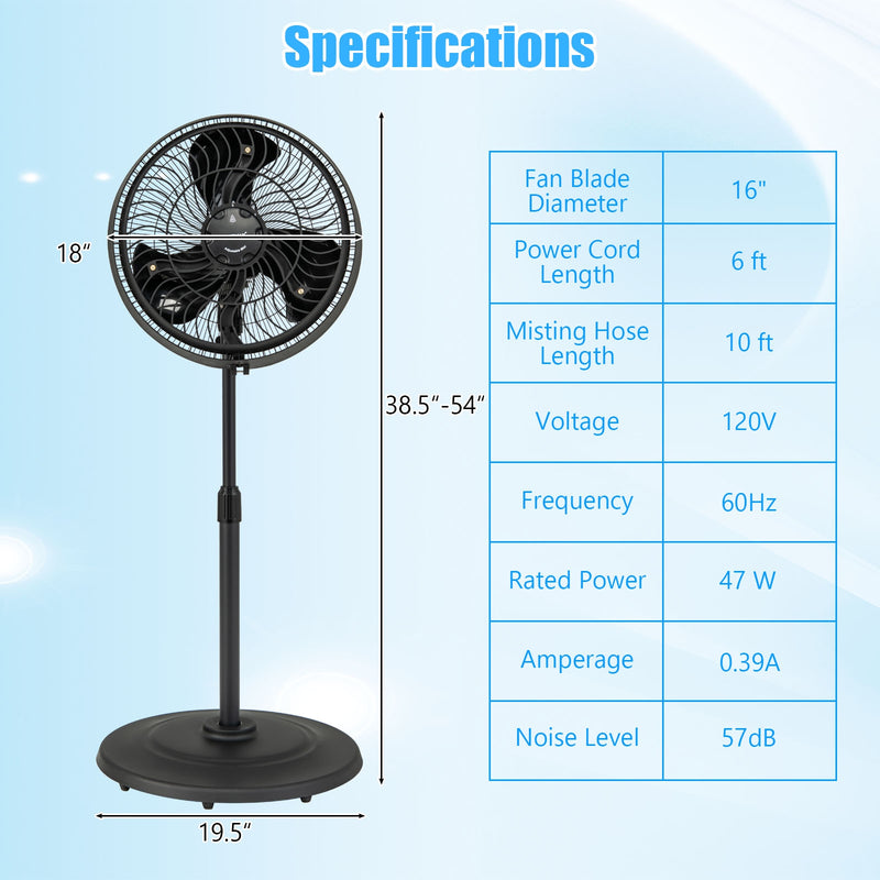 16 Inch Outdoor Misting Fan Oscillating Pedestal Fan with 3 Mist Levels-Black