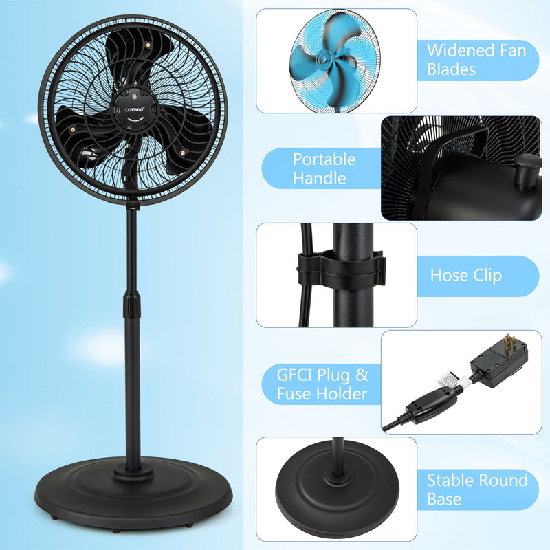 16 Inch Outdoor Misting Fan Oscillating Pedestal Fan with 3 Mist Levels-Black