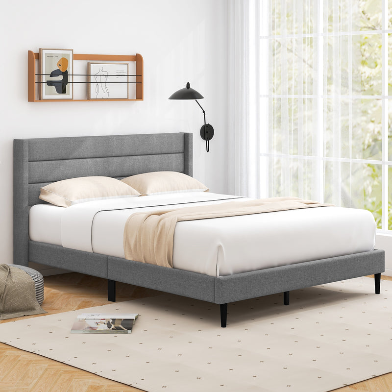 Linen Upholstered Platform Twin/Queen Bed Frame with Wingback Headboard-Queen Size