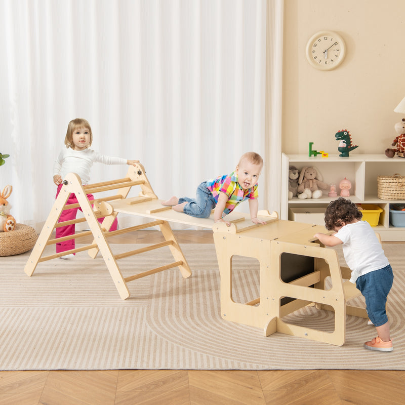 7-in-1 Toddler Climbing Toy Connected Table and Chair Set for Kids Aged 3-14 Years Old-Natural