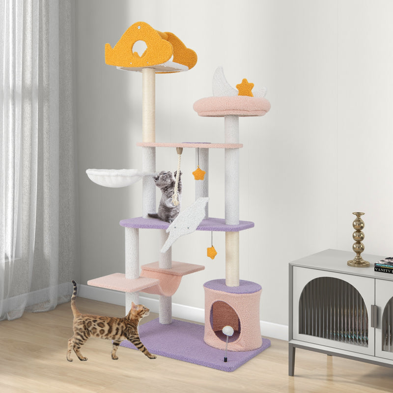 66 Inch Cute Cat Tree Cats Multi-level Tall Cat Tower with Sisal Covered Scratching Posts-Purple