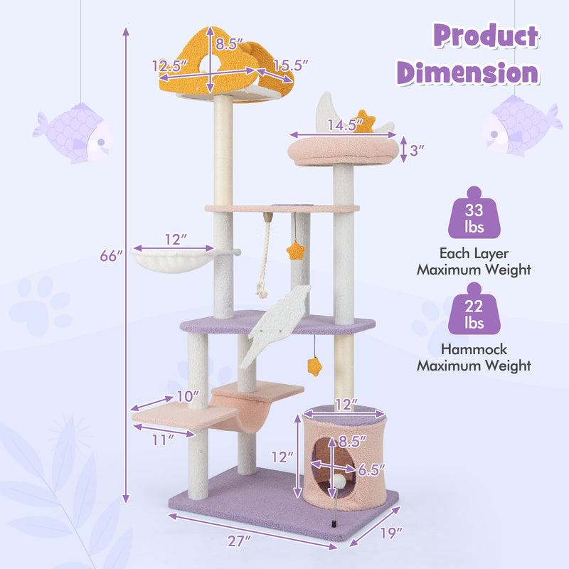 66 Inch Cute Cat Tree Cats Multi-level Tall Cat Tower with Sisal Covered Scratching Posts-Purple