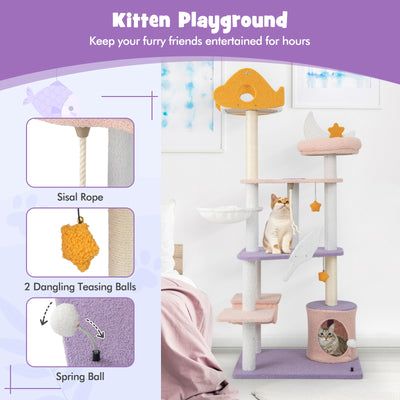 66 Inch Cute Cat Tree Cats Multi-level Tall Cat Tower with Sisal Covered Scratching Posts-Purple