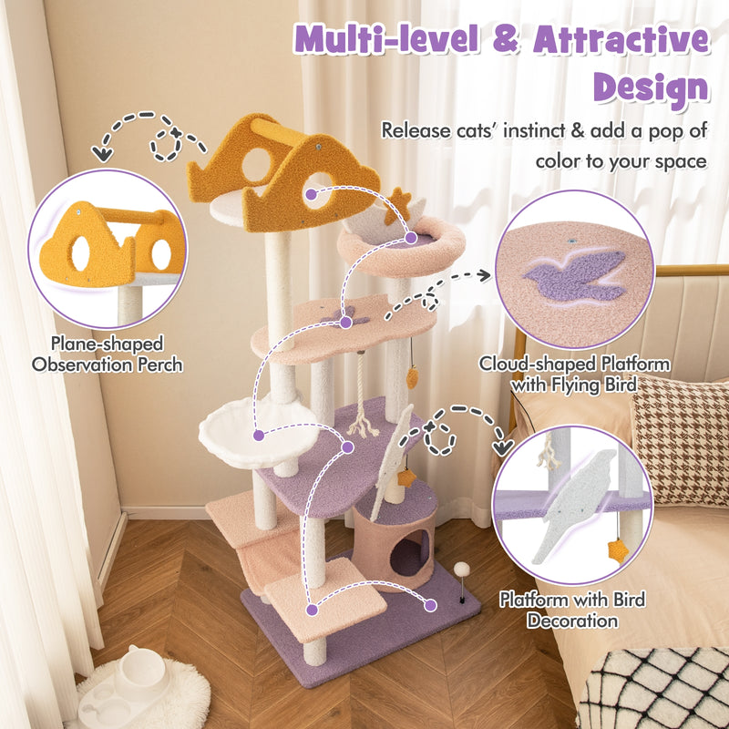 66 Inch Cute Cat Tree Cats Multi-level Tall Cat Tower with Sisal Covered Scratching Posts-Purple