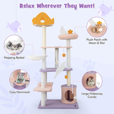 66 Inch Cute Cat Tree Cats Multi-level Tall Cat Tower with Sisal Covered Scratching Posts-Purple