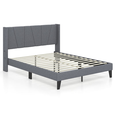 Full/Queen Size Bed Frame with Wingback Headboard and Wood Slat Support-Full Size