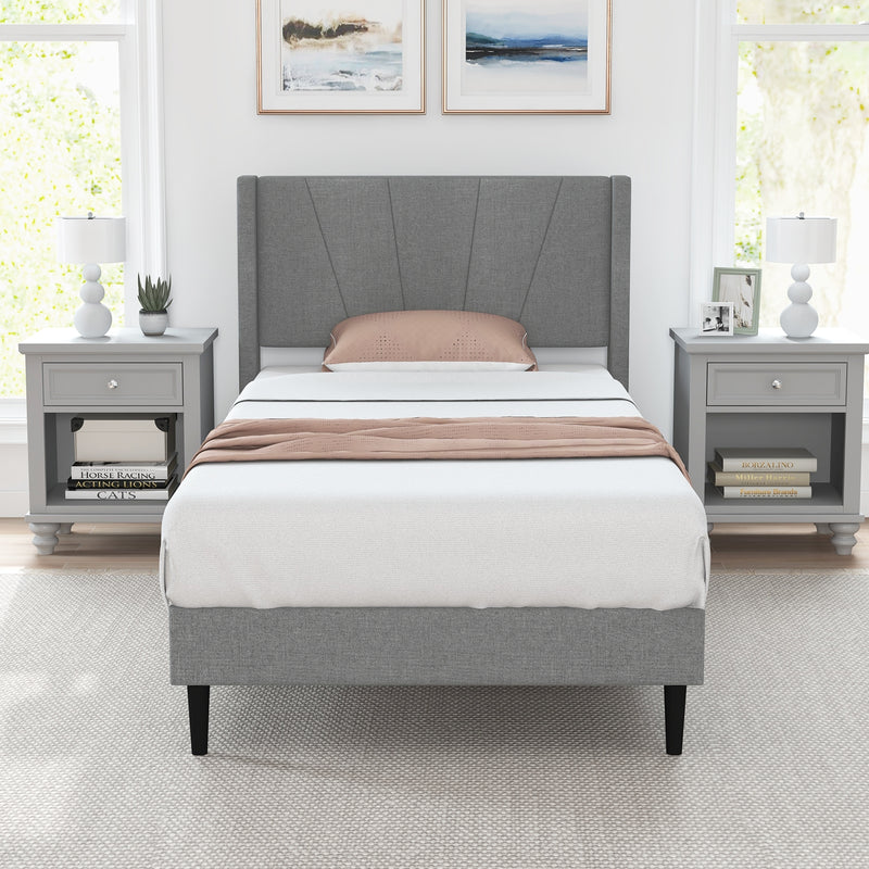 Twin/Queen Bed Frame with Linen Upholstered Wingback Headboard-Twin Size