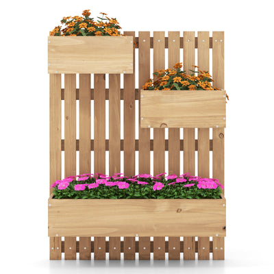 3-Box Wooden Raised Garden Bed with Trellises and Fabric Liners-Natural