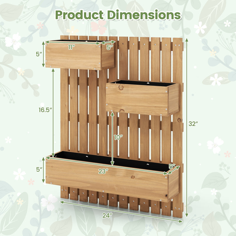 3-Box Wooden Raised Garden Bed with Trellises and Fabric Liners-Natural