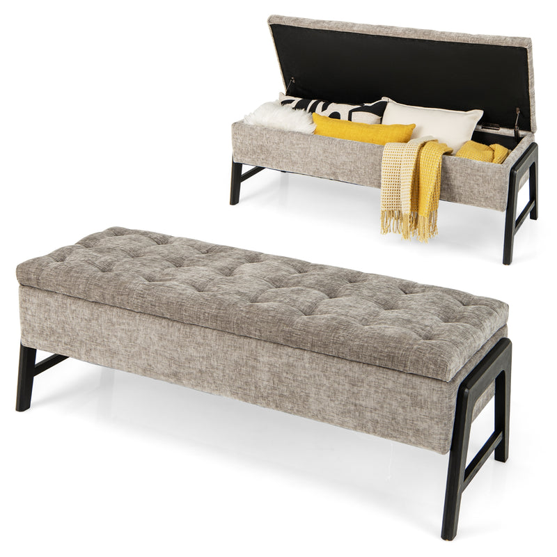 Modern Chenille Storage Bench with Solid Rubber Wood Legs-Gray