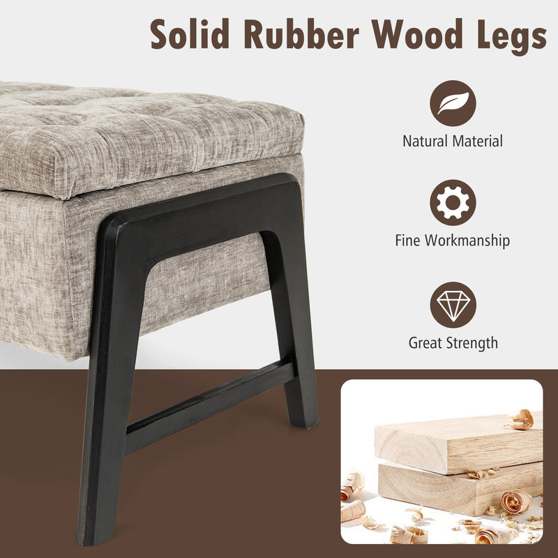 Modern Chenille Storage Bench with Solid Rubber Wood Legs-Gray