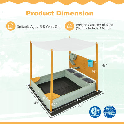 Kids Sandbox with Sand Wall w/ Removable Canopy for Kids 3-8 Years Old