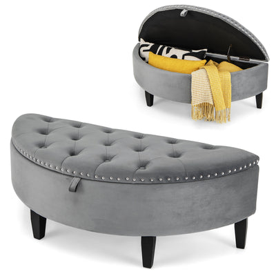 Half Moon Storage Bench with Rubber Wood Legs-Gray