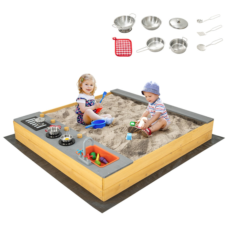 Wooden Sandbox Kids Sand Pit with Kitchen Playset Accessories for 3-8 Years Old