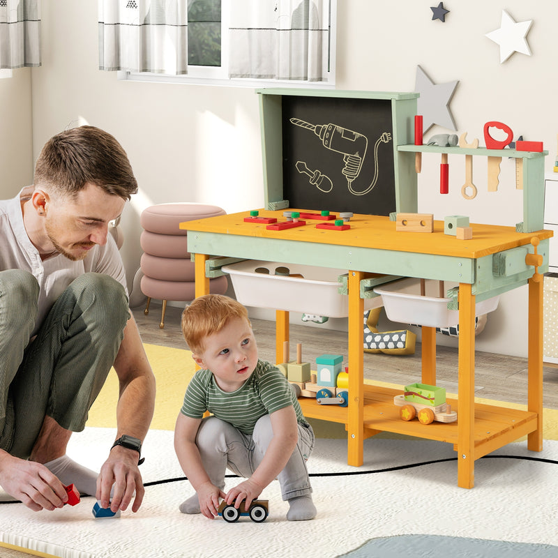 Kids Wooden Toy Workbench with Storage Space and Blackboard