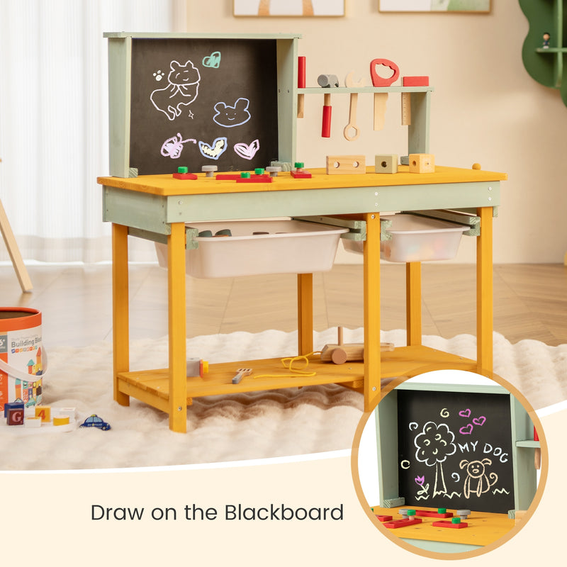 Kids Wooden Toy Workbench with Storage Space and Blackboard