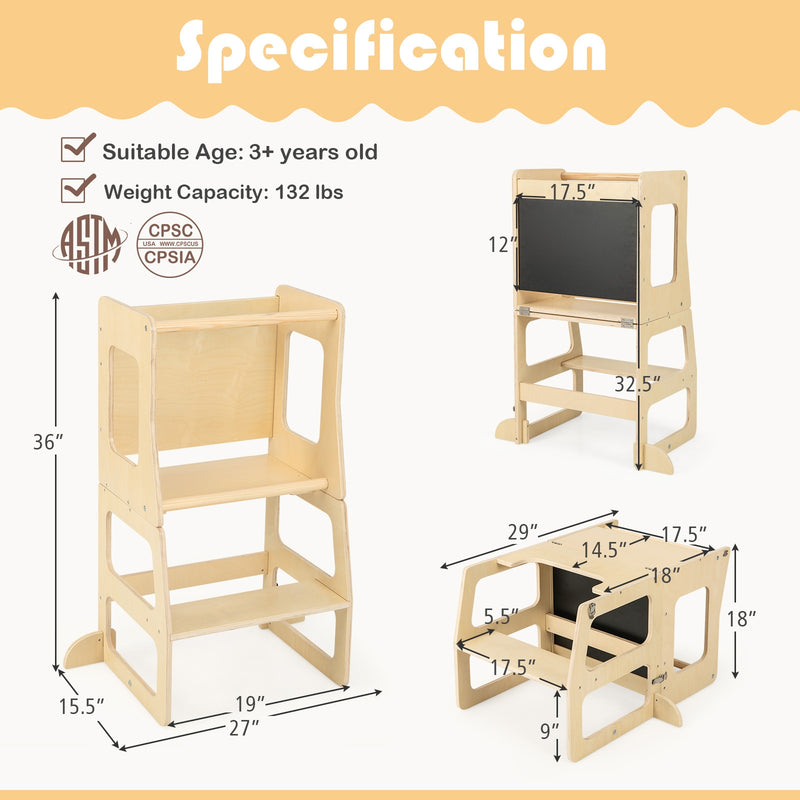 3-in-1 Foldable Kitchen Standing Tower for Toddlers with Chalkboard-Natural